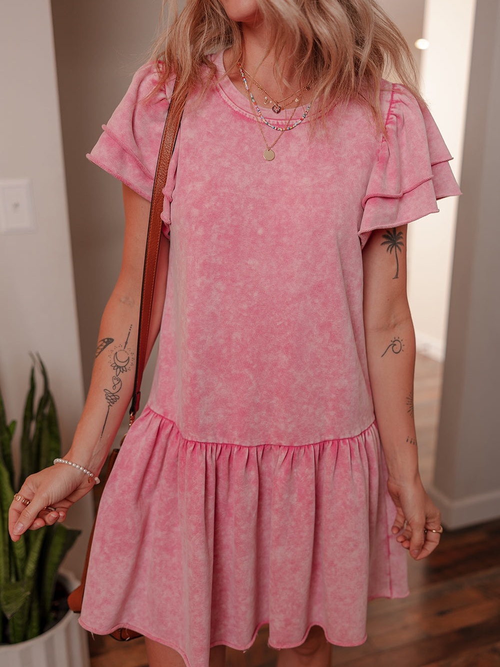 SHE+SKY Pink Mineral Wash Ruffle Sleeve Drop Waist Dress NWT